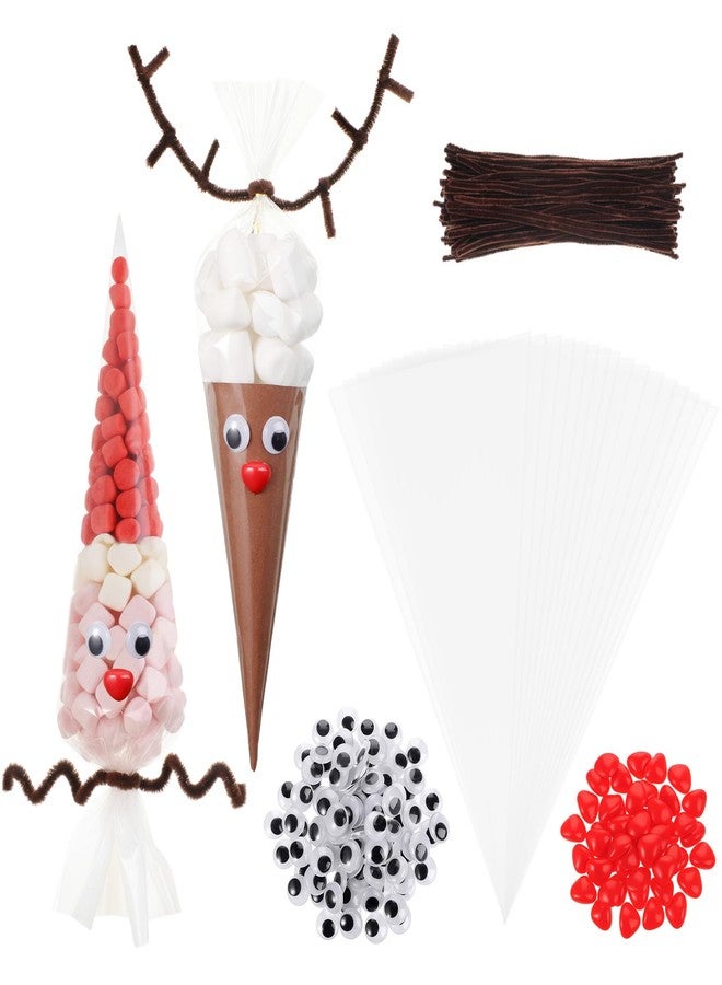Resholder 300 Pcs Christmas Reindeer Cone Cellophane Bags Kit DIY 7.1x14.6 Inch Clear Cone Shaped Treat Bag with Pipe Cleaner Wiggle Eyes Nose for Popcorn Cotton Candy Goodie Cookie Party Favor - Image 1